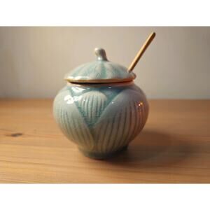 Vintage Thai Siam Celadon Crackle Glaze Jar with Lid & Spoon